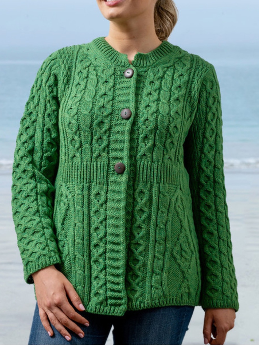 Aran Crafts Women's Green Merino Wool A-Line Fit Cardigan XL